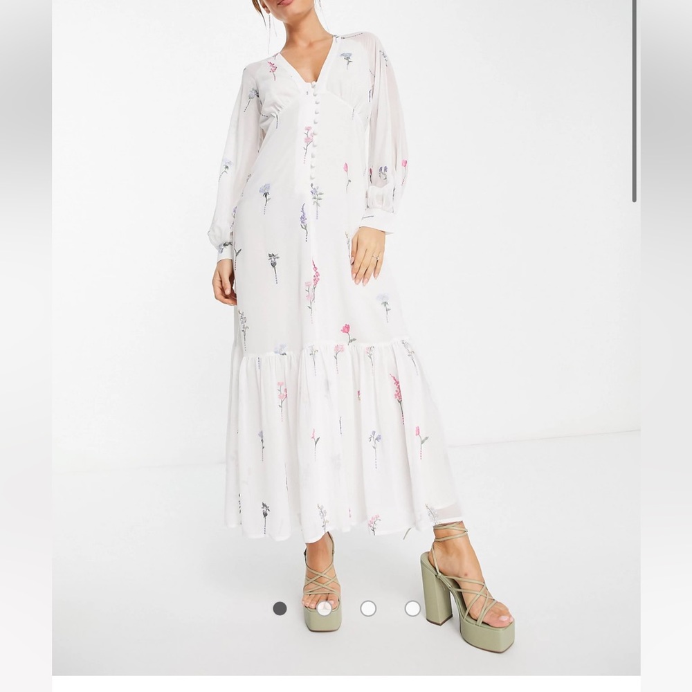 ASOS Button through floral embroidered maxi tea dress in white